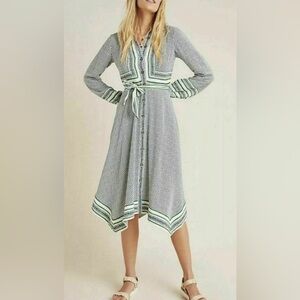 Maeve Anthropologie Green and White Striped Knit High-Low Button Dress